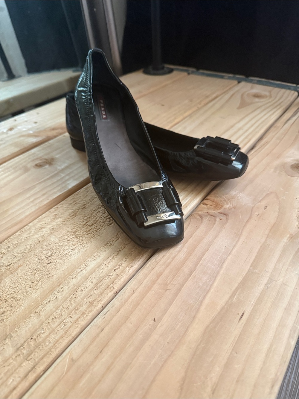 Prada Black Patent Leather Square-Toe Ballerina Flats with Decorative Buckle